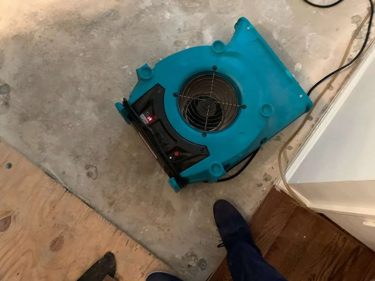 Air mover drying subfloor during Commercial Water Damage Restoration in Bridgewater